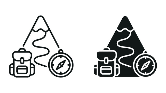 Backpacking adventure gear set with mountain peak and navigation compass icon vector illustration for trekking equipment shop or travel agency branding isolated on a clean white background design