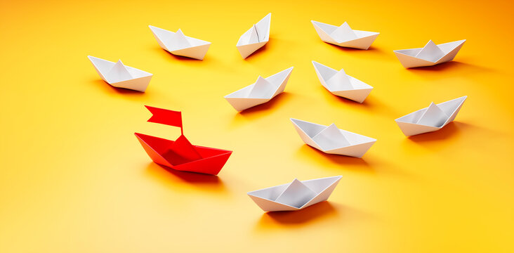 Group of  white paper boats with red leader in the middle on yellow background - 3D illustration