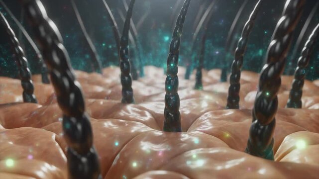 Hair follicle structure and scalp health animation with growing hair roots and dermatology concept