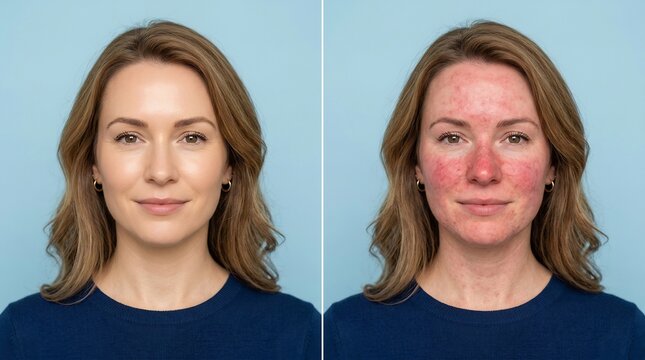 Comparison of healthy skin and skin with rosacea symptoms on a woman's face in a split screen view