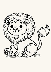 Obraz premium A cute hand-drawn illustration of a happy cartoon baby lion cub sitting down, featuring large expressive eyes, a big fluffy mane, a friendly smiling face, and a long tail with a tufted tip