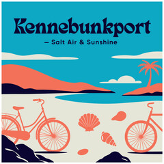 Fototapeta premium Vintage Kennebunkport Maine Retro Travel Poster Style Illustration, Summer Beach Scene with Bicycles and Seashells, Salt Air and Sunshine Graphic Vector Art