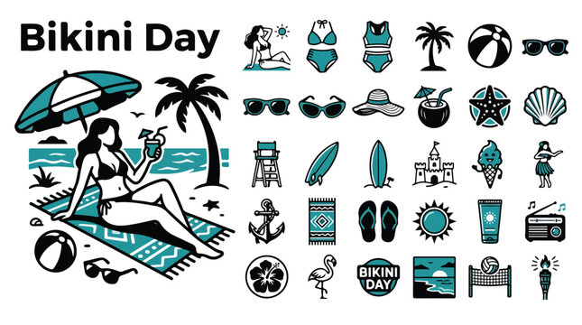 Bikini Day beach icon set, summer vacation vector elements, teal and black tropical holiday graphics, woman sunbathing on beach towel