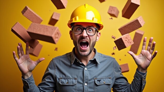 Male construction worker with yellow hard hat and glasses reacts with surprise as bricks appear to fall around him against a bright yellow background