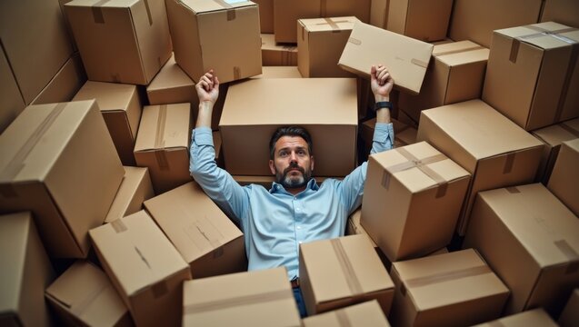 Man in blue shirt lying among numerous cardboard boxes, arms raised, surrounded by stacked packages in a cluttered indoor space