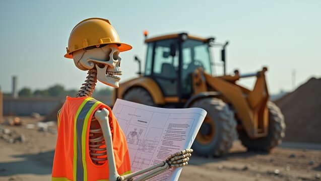 Skeleton construction worker in safety vest and hard hat examines blueprints on a construction site with a backhoe loader and dirt piles in the background