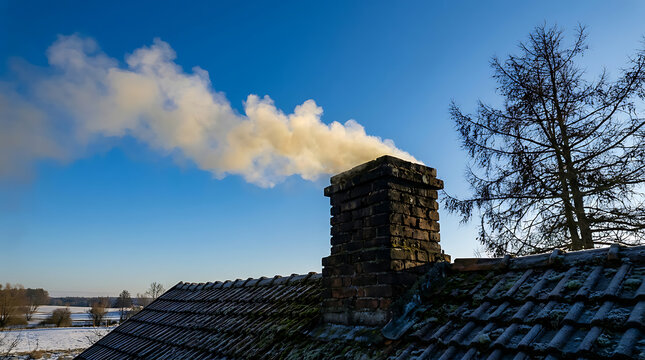 Brick chimney emitting smoke on a snowy rooftop under a clear blue sky