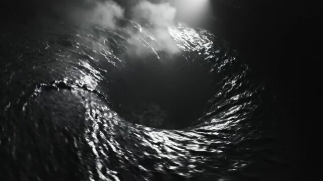 Black and white view of a water vortex drawing everything towards the dark center with light peaking through