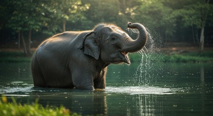 Fototapeta premium Elephant playing in water lake.
