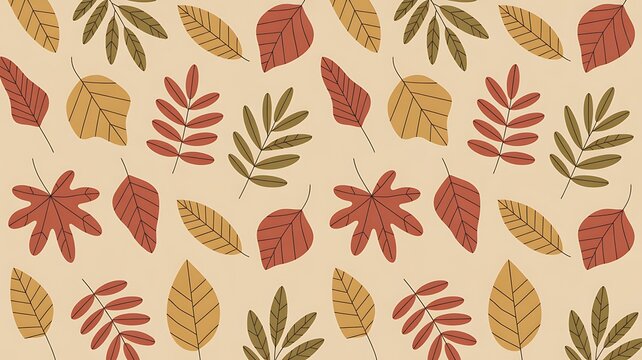Autumn leaves and acorns pattern on a beige background with fall leaves