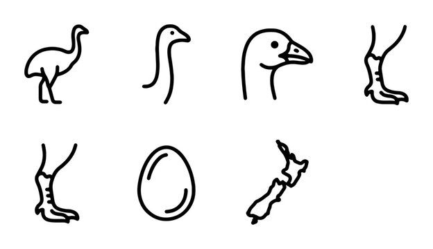 New Zealand Bird Icons: Moa, Goose, Egg, Map Outline, Legs, Feet, Vector Set