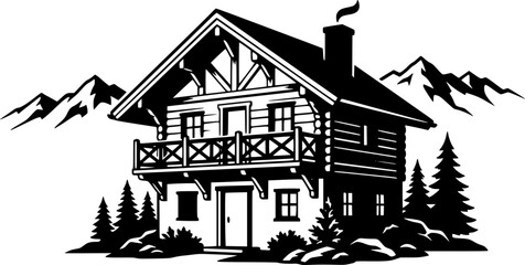 Obraz premium Black and white flat vector silhouette of alpine chalet with chimney and balcony isolated on white background 