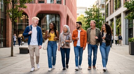 Naklejka premium Diverse group of friends walking together outdoors in city