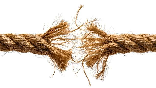 Thick natural fiber rope broken in the middle with frayed ends