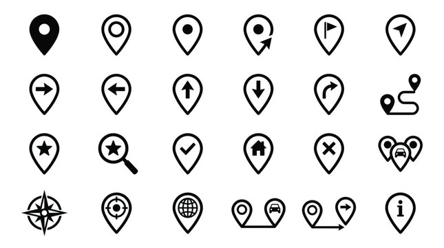 Set of map pointer icons, location pins, navigation symbols, and gps markers for web and mobile apps