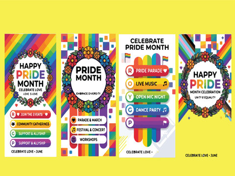 LGBTQ Pride Month social media stories, rainbow flag event flyers with floral wreaths, colorful pride parade and festival banner templates