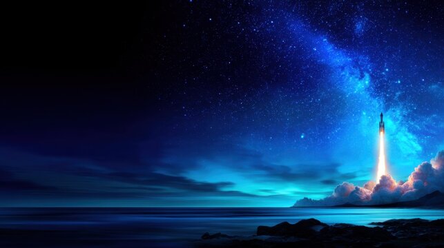 A serene night sky filled with stars illuminates a rocket launch over a calm ocean vista