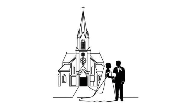 Bride and groom stand before a church on their wedding day outside