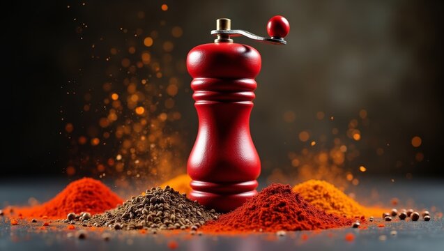 Red pepper mill surrounded by various spices including paprika, cumin, and chili powder on a dark textured surface with a blurred background