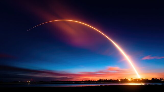 A stunning view of a rocket's launch trajectory against a picturesque sunset sky