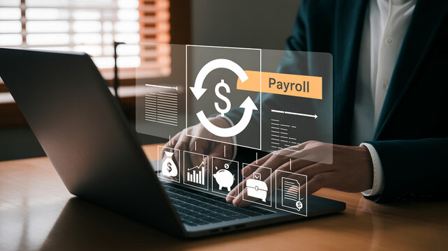 Person working on laptop with glowing holographic display showing payroll processing icon money symbols and financial performance charts indicating business accounting and management.