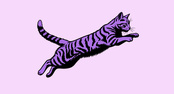 Purple tiger jumping in mid-air on pink background