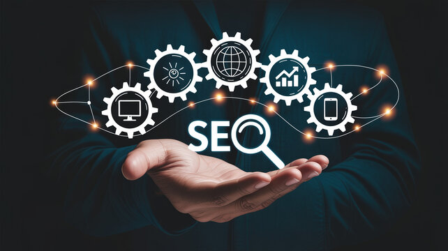 Man presenting SEO search engine optimization concept with connected gears icons representing website analysis traffic growth and mobile optimization for digital marketing success.