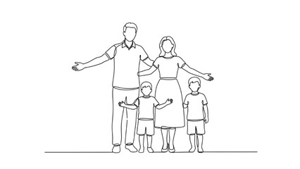 A family of four stands together outdoors with arms outstretched in unity. © Stock Image Paradise
