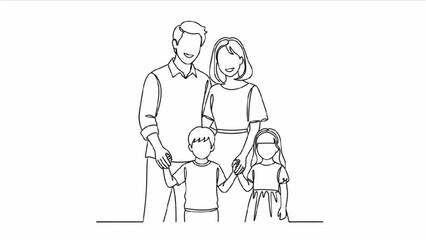 A family of four stands together in a simple line drawing portrait © Stock Image Paradise