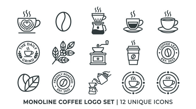 Set of Monoline Coffee Shop Logos and Caffeine Beverage Icons Featuring Minimalist Brewing Equipment and Roasted Coffee Bean Illustrations