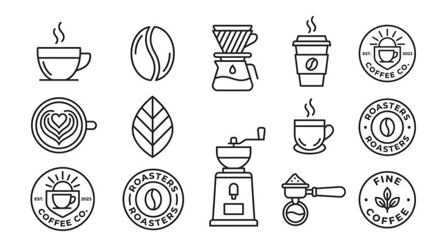 A Collection of Coffee-Related Icons, Featuring Brewing Tools and Coffee Beans