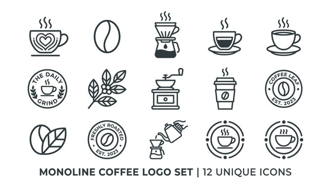 Monoline coffee logo templates and linear icon set featuring coffee cups, beans, grinders, and brewing equipment vectors