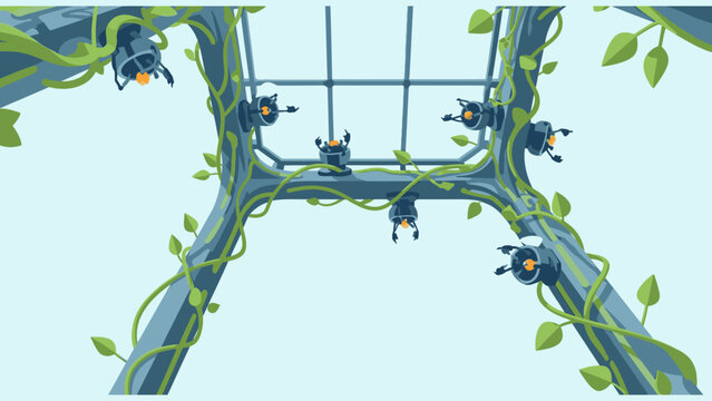 Monkeys playing on jungle gym with green vines