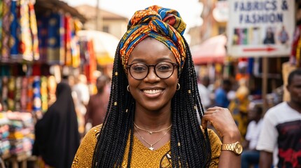 Obraz premium Smiling woman in colorful market wearing traditional attire and standing amidst busy stalls in bright daylight
