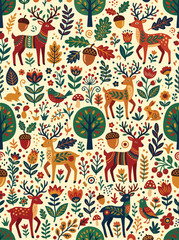 Naklejka premium Festive Vector Pattern with Reindeer Trees Birds and Mushrooms in Folk Art Style in Warm Earth Tones