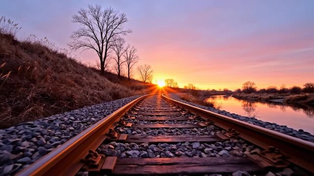 Railway tracks curving toward a vibrant sunrise beside a peaceful river in a rural landscape