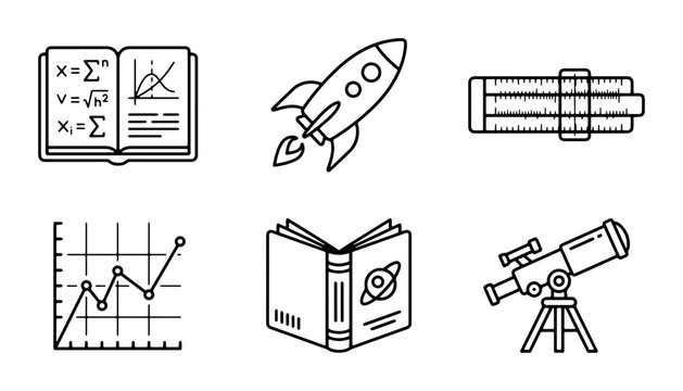 Science Icons Set: Rocket, Telescope, Math Book, Graph, Astronomy Book, Ruler