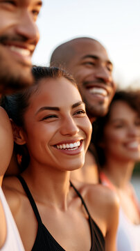 Diverse multiracial group of friends laughing after outdoor workout at warm sunset. Smiling woman foreground, collective endorphin release, joy, wellness, fitness, community, active lifestyle.