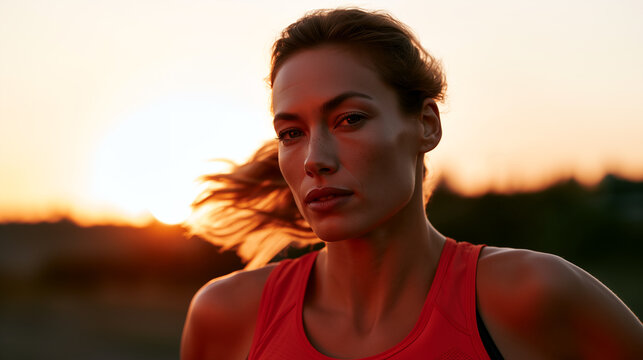 Athletic female runner glowing at golden sunset, focused gaze, windswept hair, red sportswear. Outdoor jogging, endorphin recovery, warm skin radiance, fitness, wellness, active lifestyle.