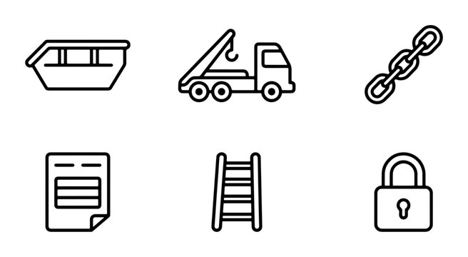 Construction Skip, Tow Truck, Chain Link, Document, Ladder, Padlock Icons: Industrial & Safety Vector Set