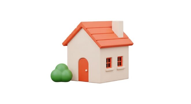 Small 3d house model with red roof and green bush