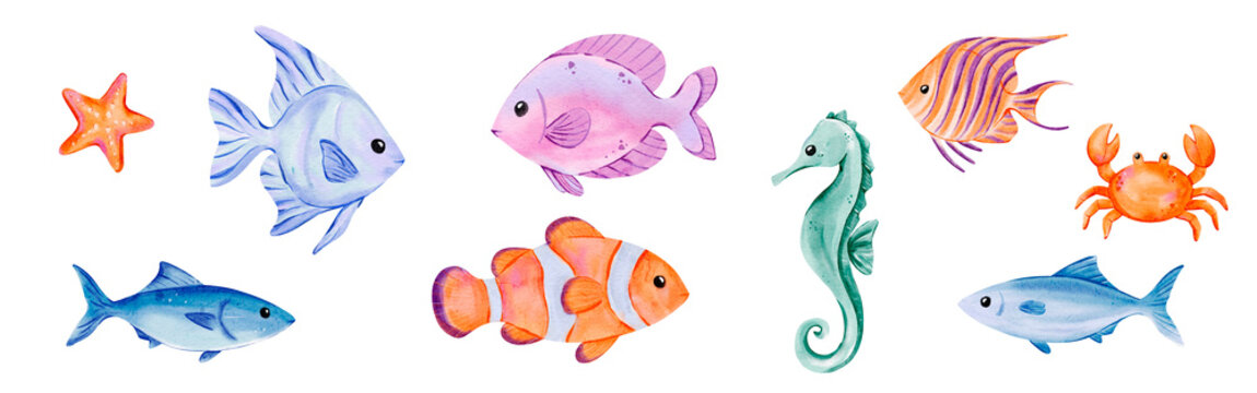 Watercolor Sea Life Clipart with Colorful Tropical Fish, Seahorse, Crab, and Starfish in Vibrant Marine Style