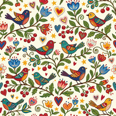 Obraz premium Colorful Floral Vector Pattern with Birds in Folk Art Style
