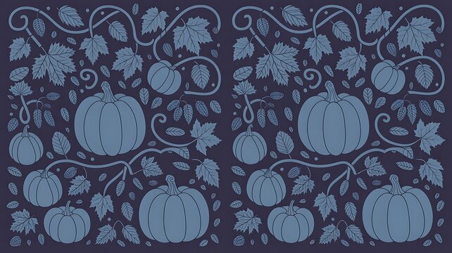 Blue and white pumpkin and leaf pattern on dark background with background