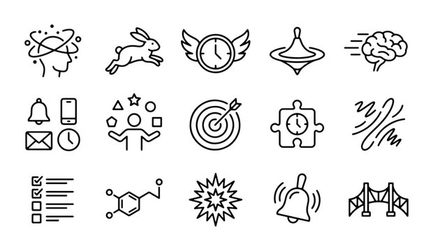 Abstract Concepts & Ideas Icons: Brainstorming, Time, Focus, Goals, Productivity, Science