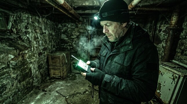 Paranormal investigator searching for spirits in dark creepy basement
