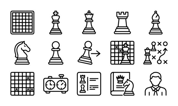 Chess Icons Set: Strategy Game Pieces, Board, Timer, and Player Vector Graphics