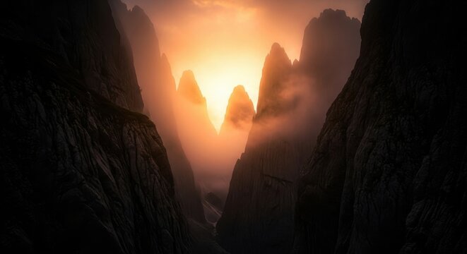 Majestic Mountain Peaks Shrouded in Mist During a Golden Sunset Glow, Dramatic Landscape Photography