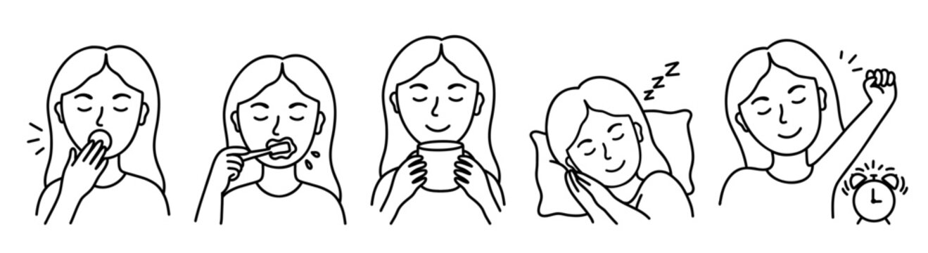 Minimal black line morning routine icons with woman yawning, brushing teeth, holding cup, sleeping in bed and waking with alarm for healthy daily habits.