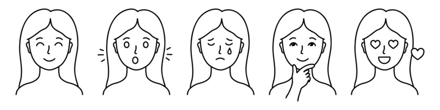 Minimal black line female expression icons with smiling, surprised, sad, thoughtful and heart eyes faces for emotion stickers, mood charts and social content.